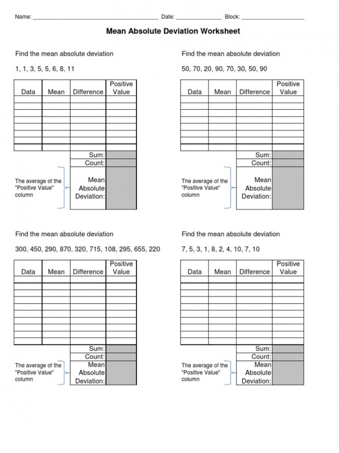 Mean Absolute Deviation Worksheet  PDF