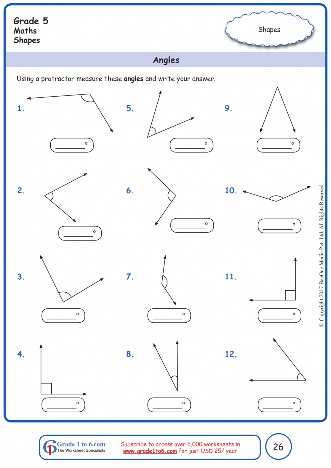 Measuring angles using a Protractor WorksheetsGrade