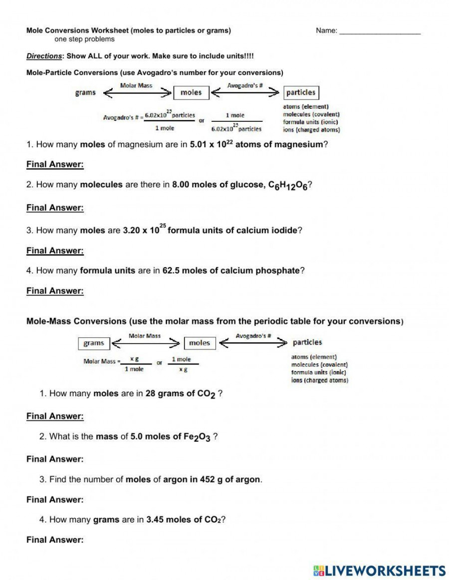 Mole Conversions (one step) worksheet  Live Worksheets