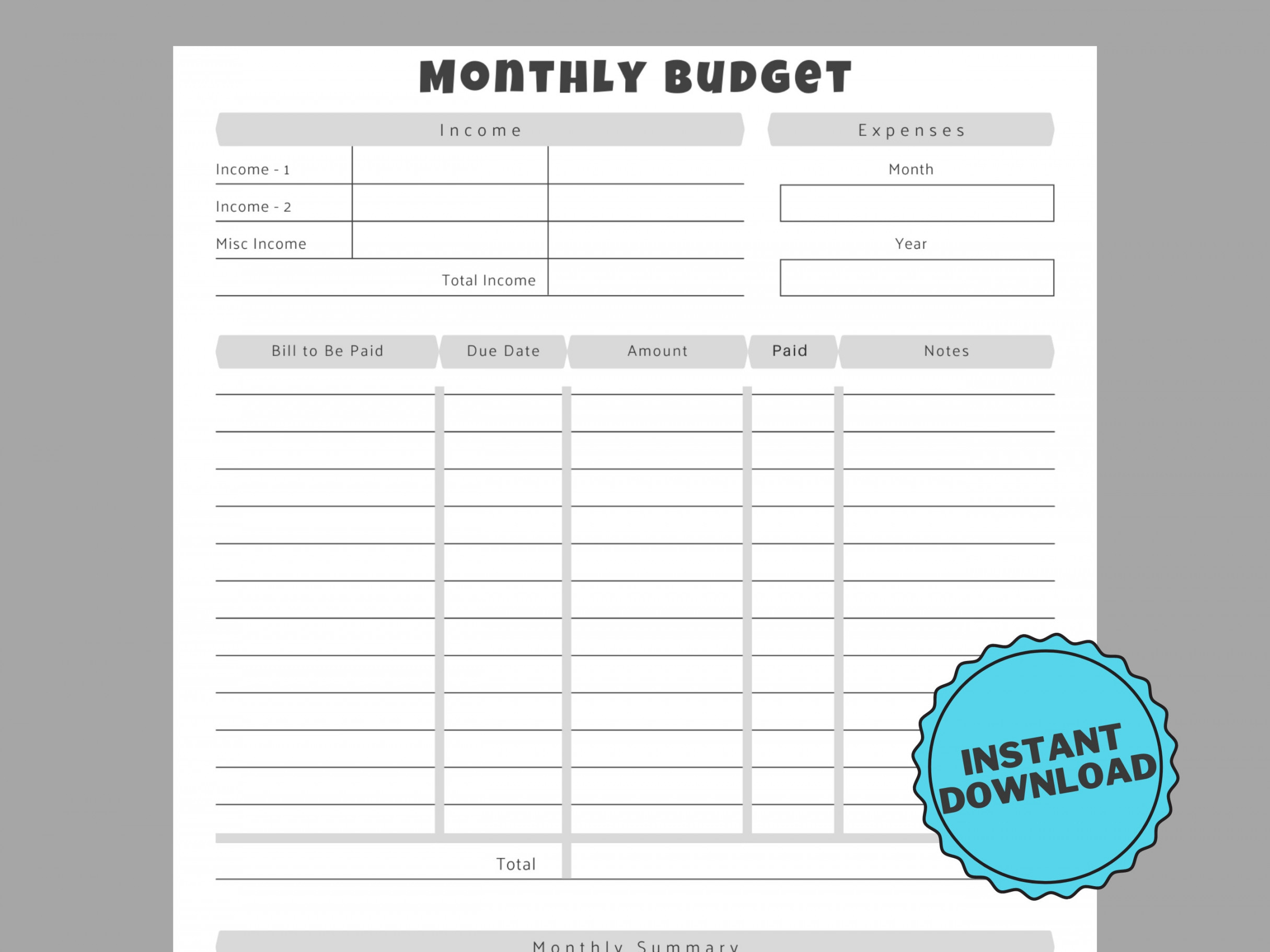 Monthly Budget Sheet Downloadable PDF Budget Template - Etsy