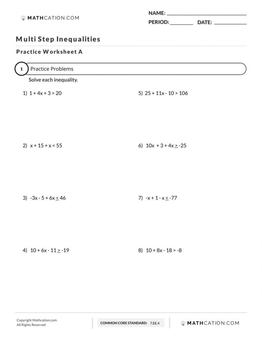 Multi Step Inequalities Worksheet, Examples, Practice