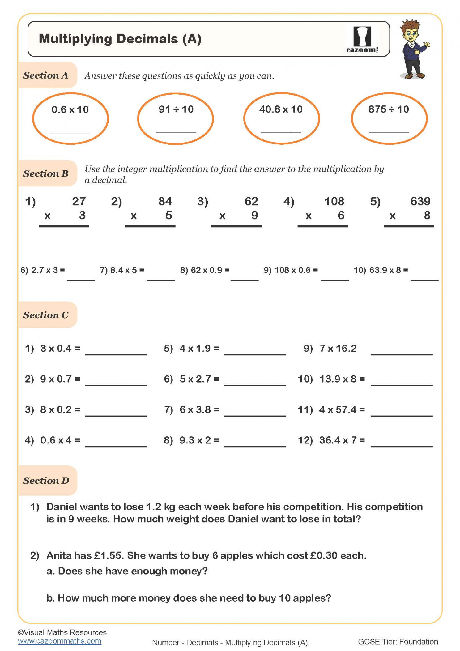 Multiplying Decimals Worksheet  Printable PDF Decimals Worksheet