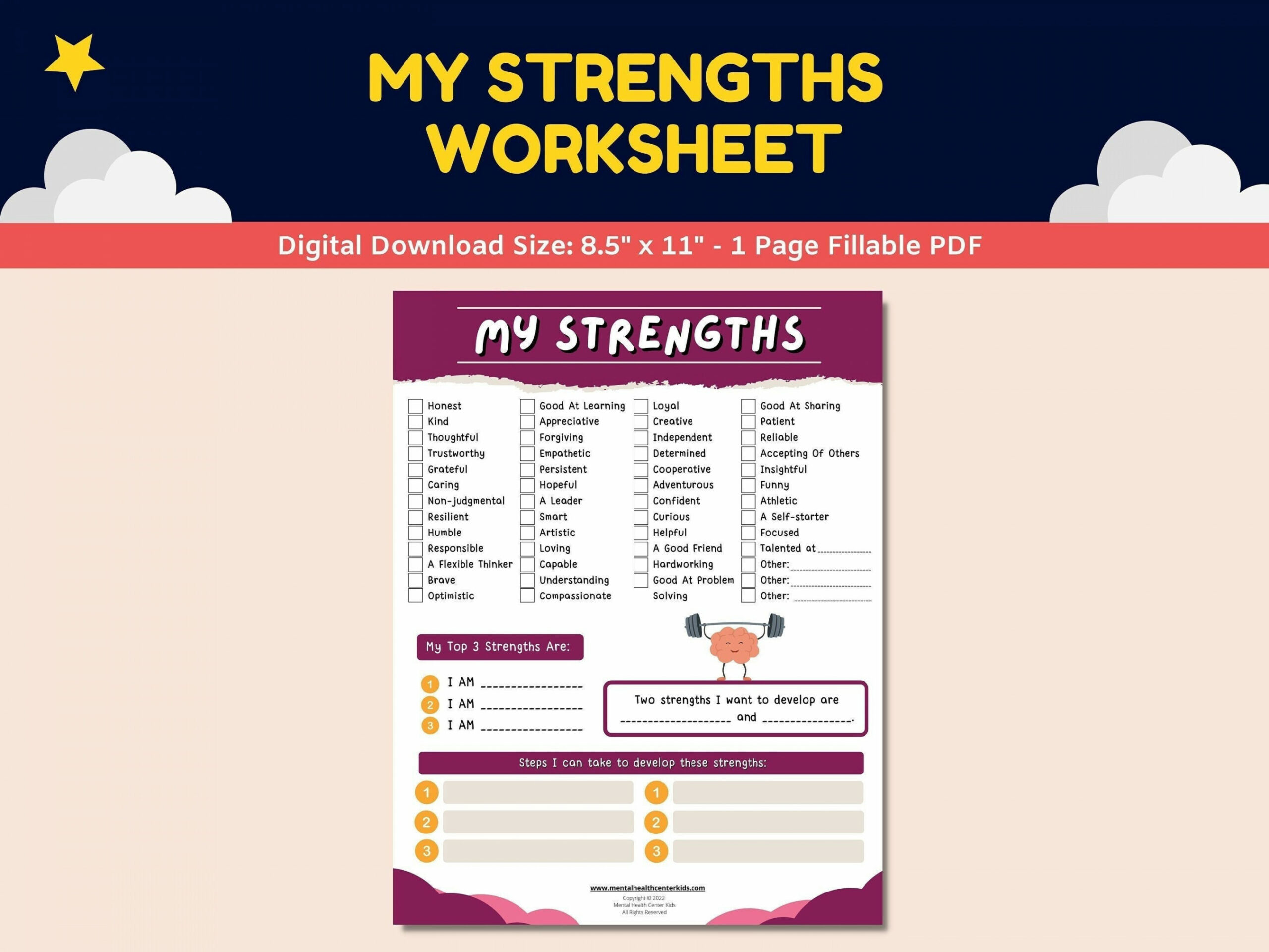 My Strengths Self-Esteem Fillable Worksheet Kids Teens Mental Health Child  Counseling Therapy Positive Growth Mindset Activity Coping Skills