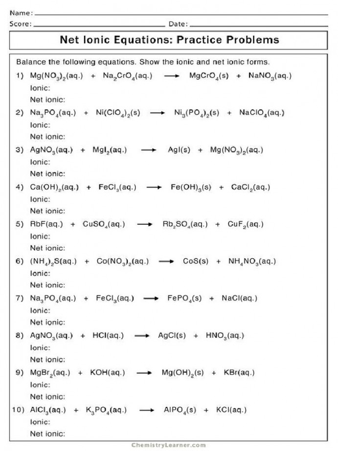 Net Ionic Equation Worksheet With Answers  PDF