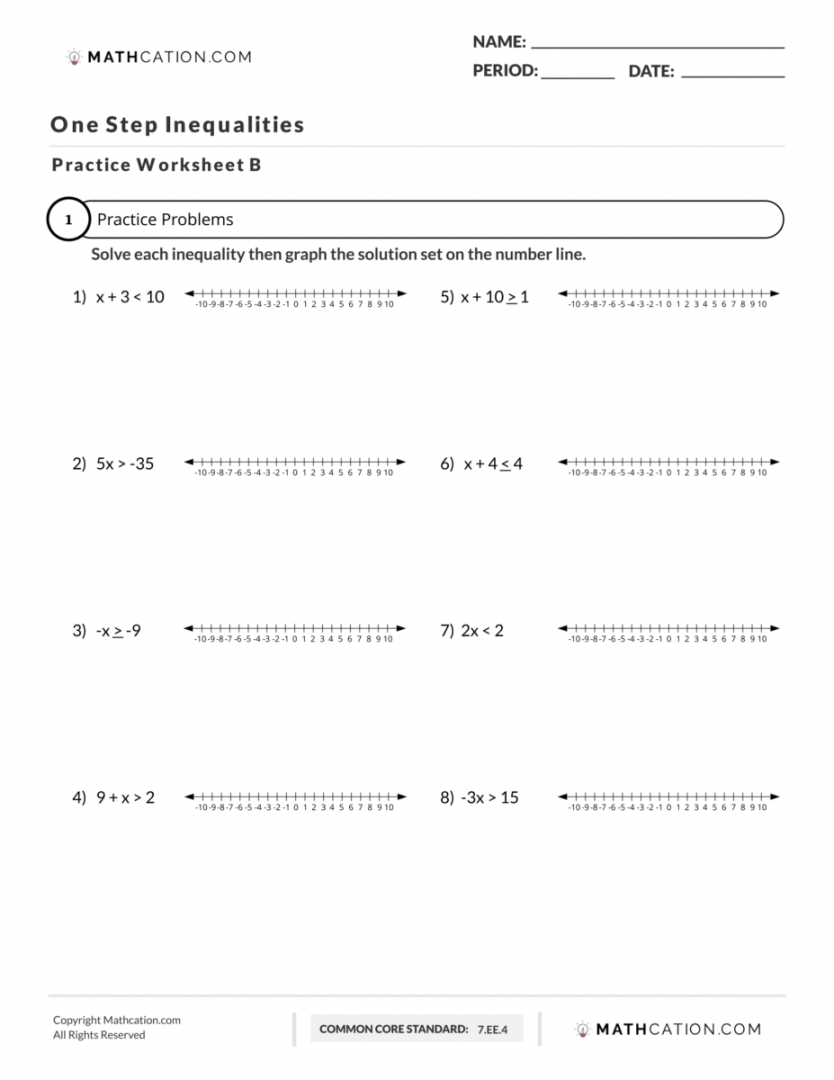 One Step Inequalities Worksheet, Word Problems, And Definition