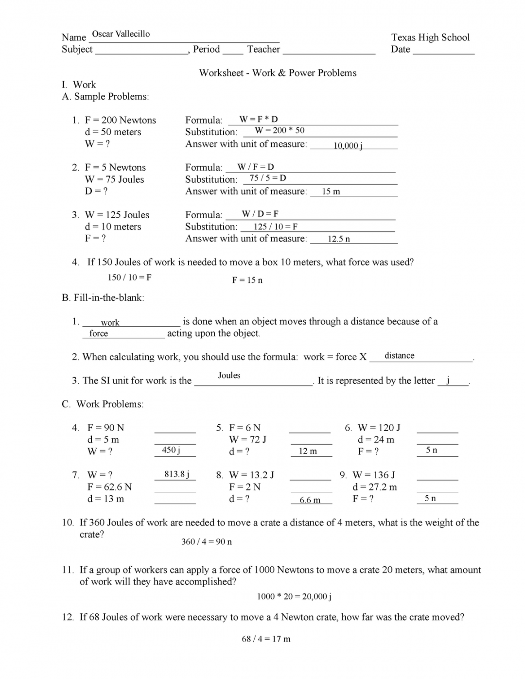 Oscar Vallecillo - Worksheet - Work and Power Problems - Name