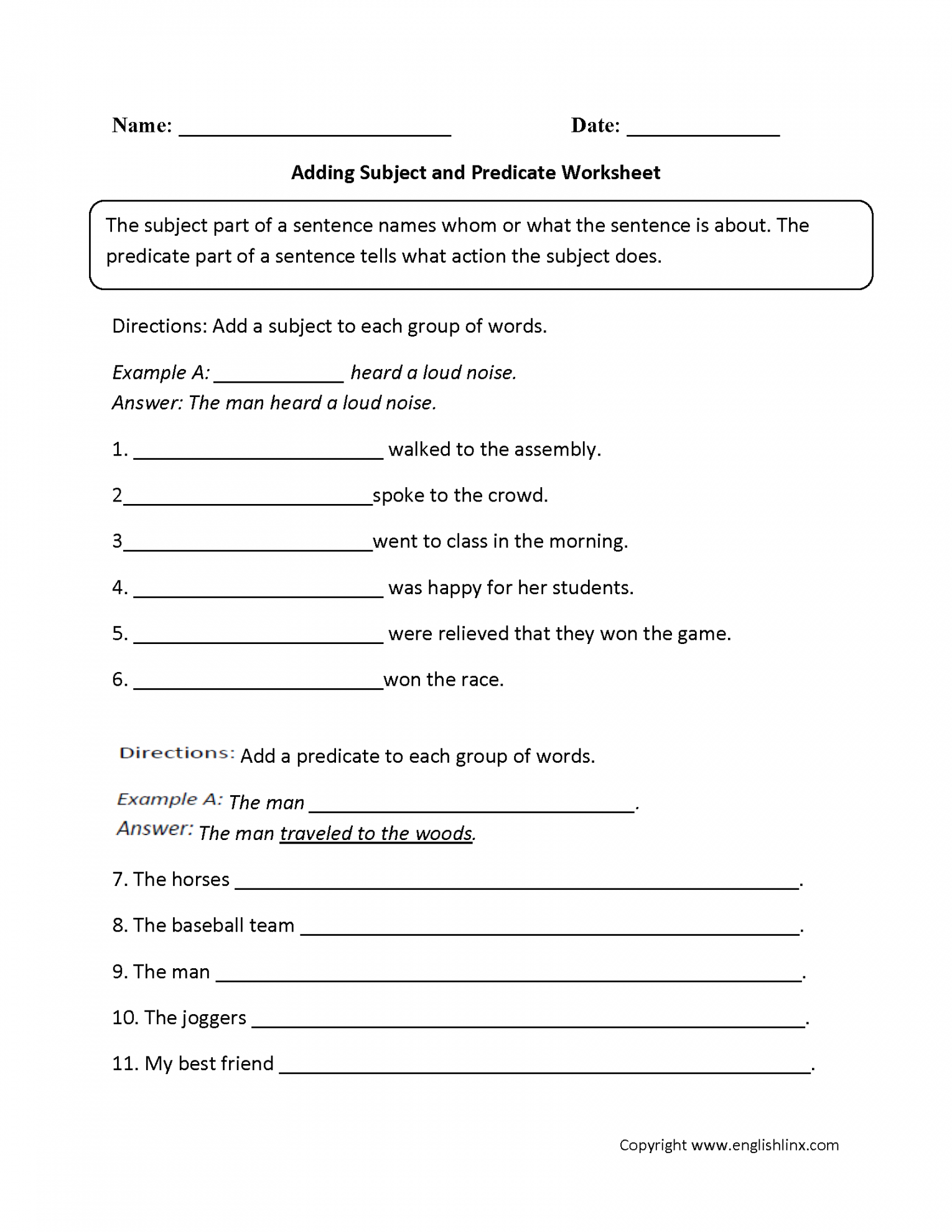 Parts of a Sentence Worksheets  Subject and Predicate Worksheets