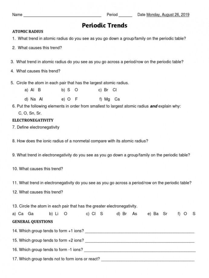 Periodic Trends Worksheet  PDF  Chemical Elements  Ion