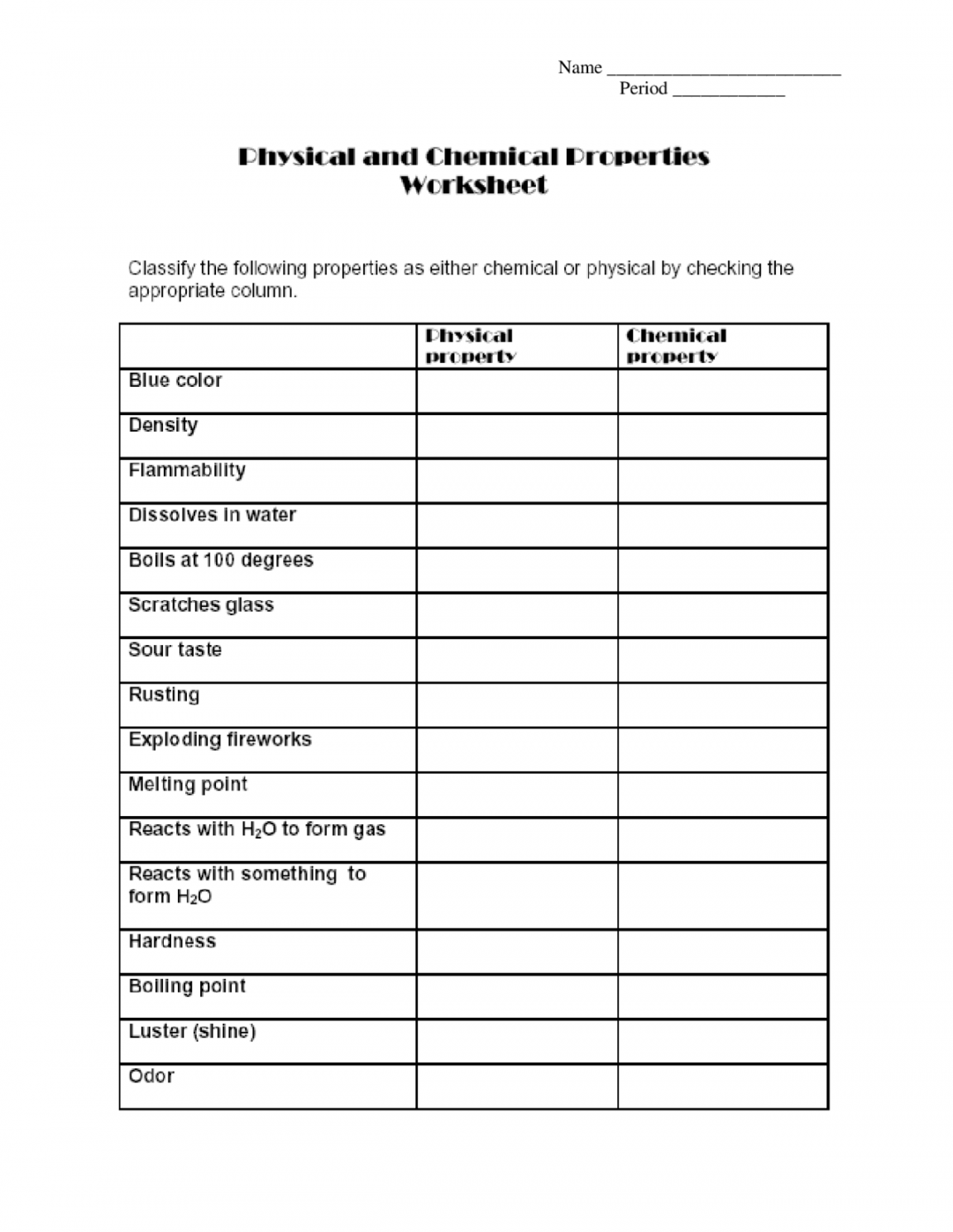 Physical and Chemical Properties Worksheet  Study notes Physical