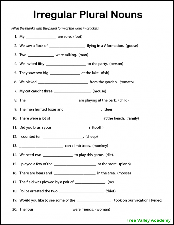 Printable Plural Nouns Worksheets for Kids - Tree Valley Academy