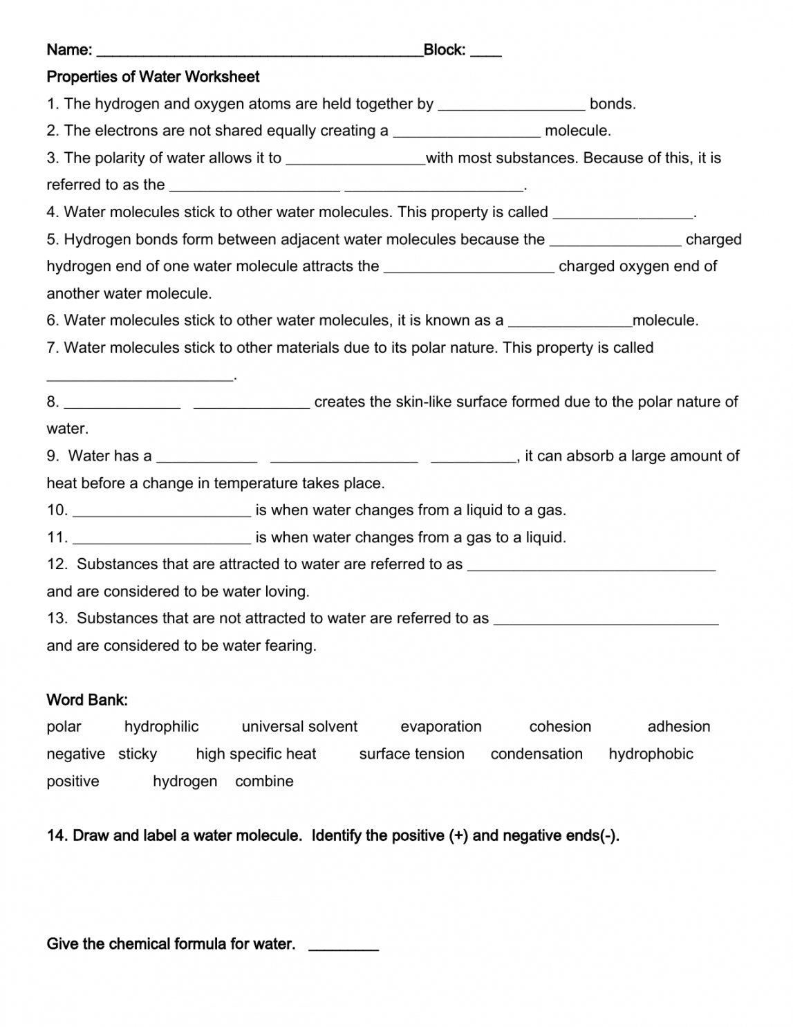 Properties of Water Worksheet  Biology worksheet, Reading