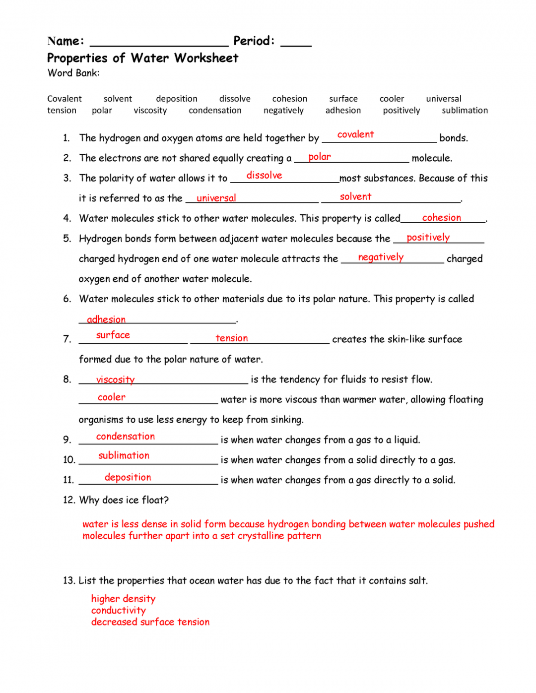 Properties of Water Worksheet KEY - Name: Period: ____ Properties