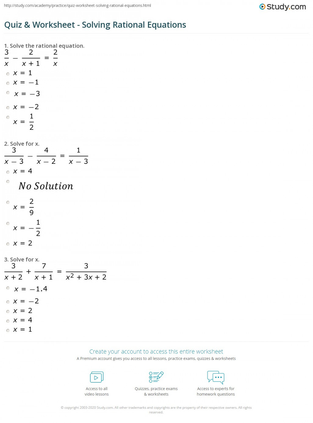 Quiz & Worksheet - Solving Rational Equations  Study