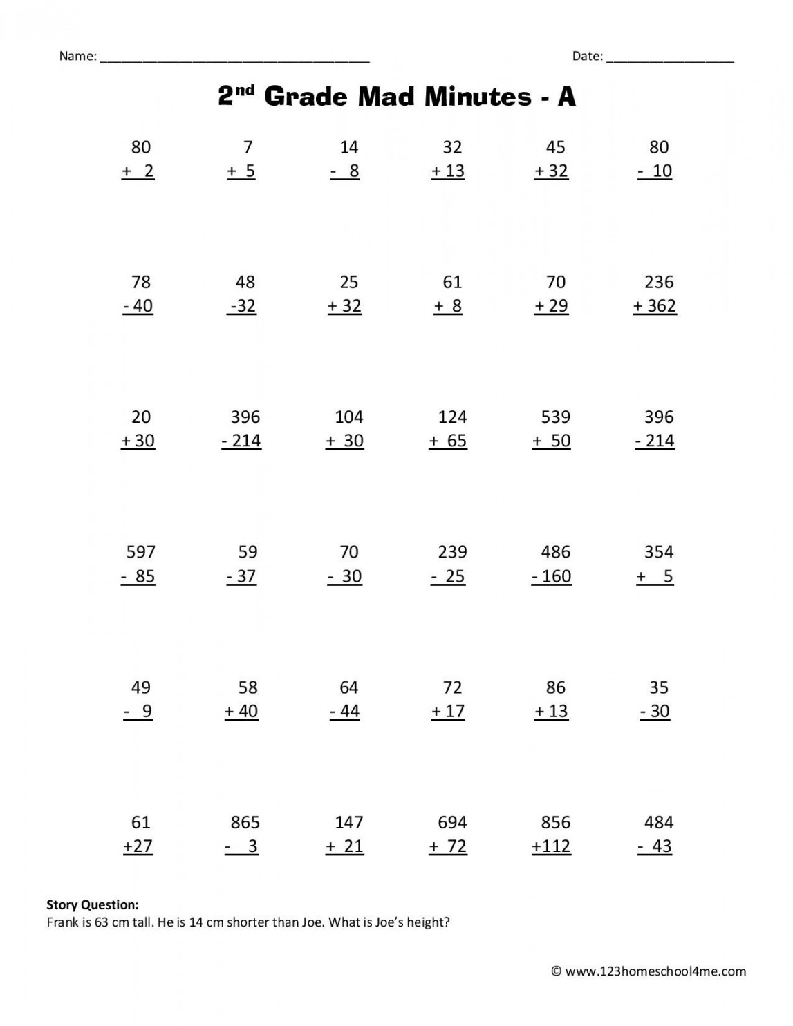 Second Grade Math Worksheets -  Homeschool  Me