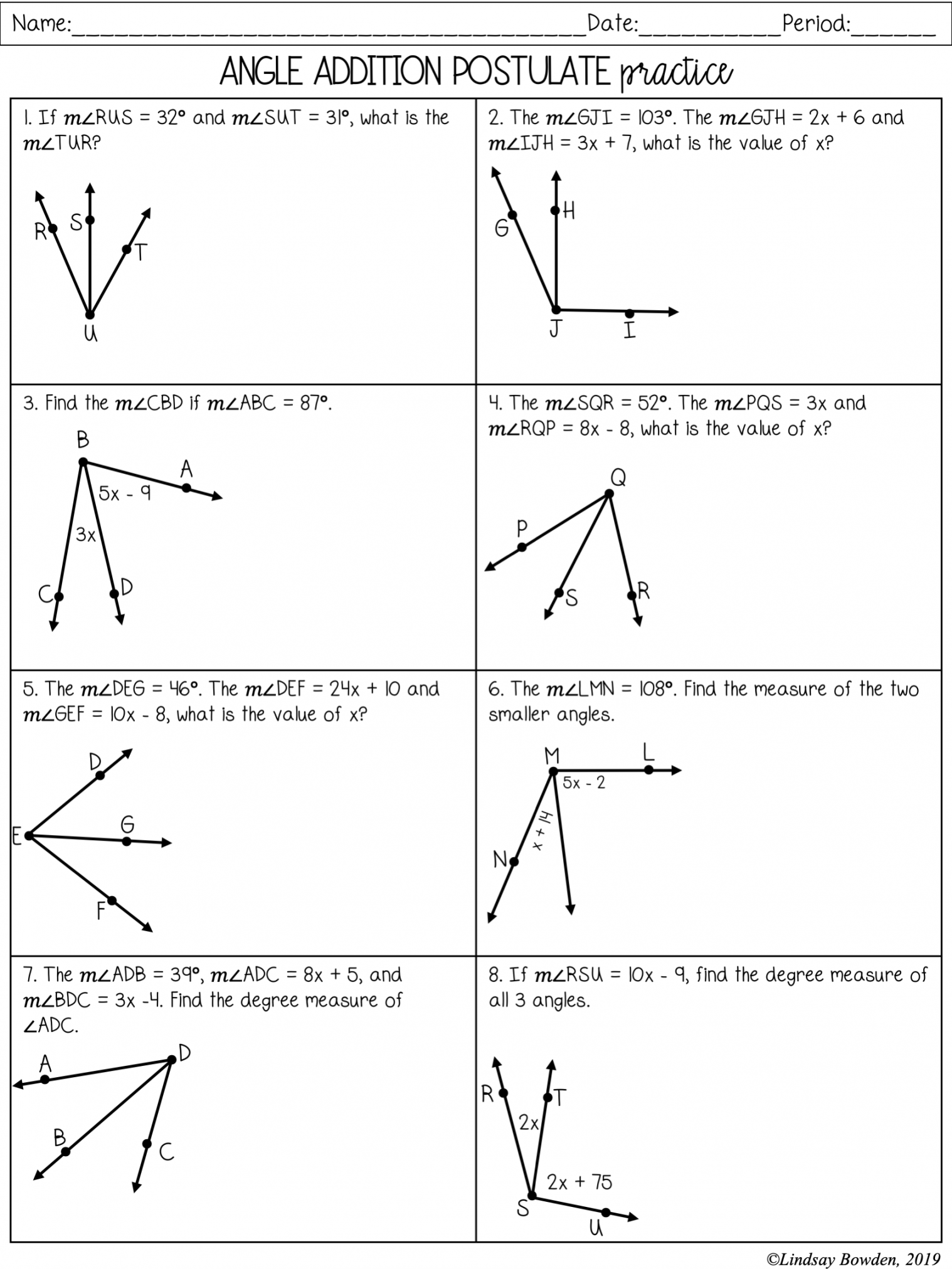 Segment and Angle Addition Postulate Notes and Worksheets