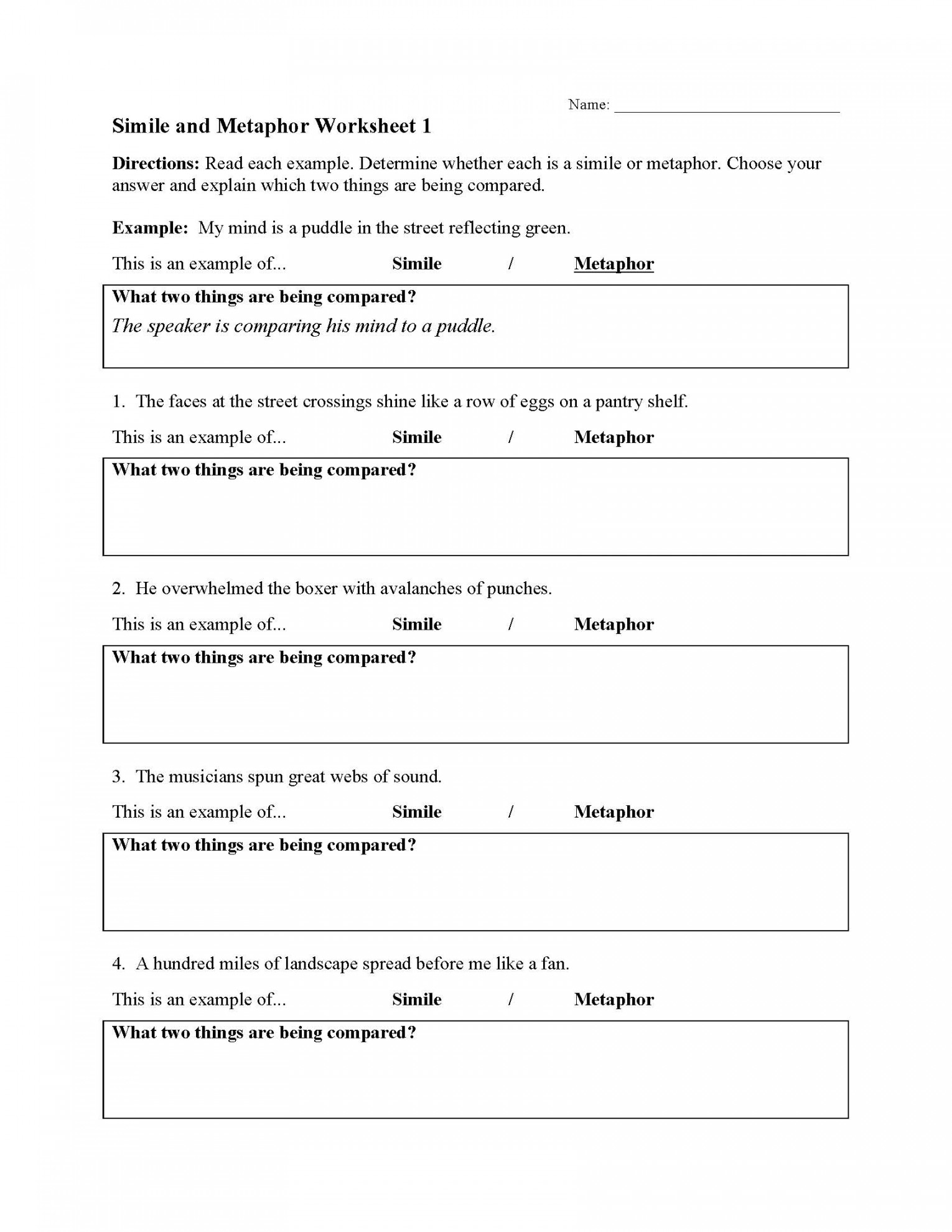 Simile and Metaphor Worksheets  Ereading Worksheets