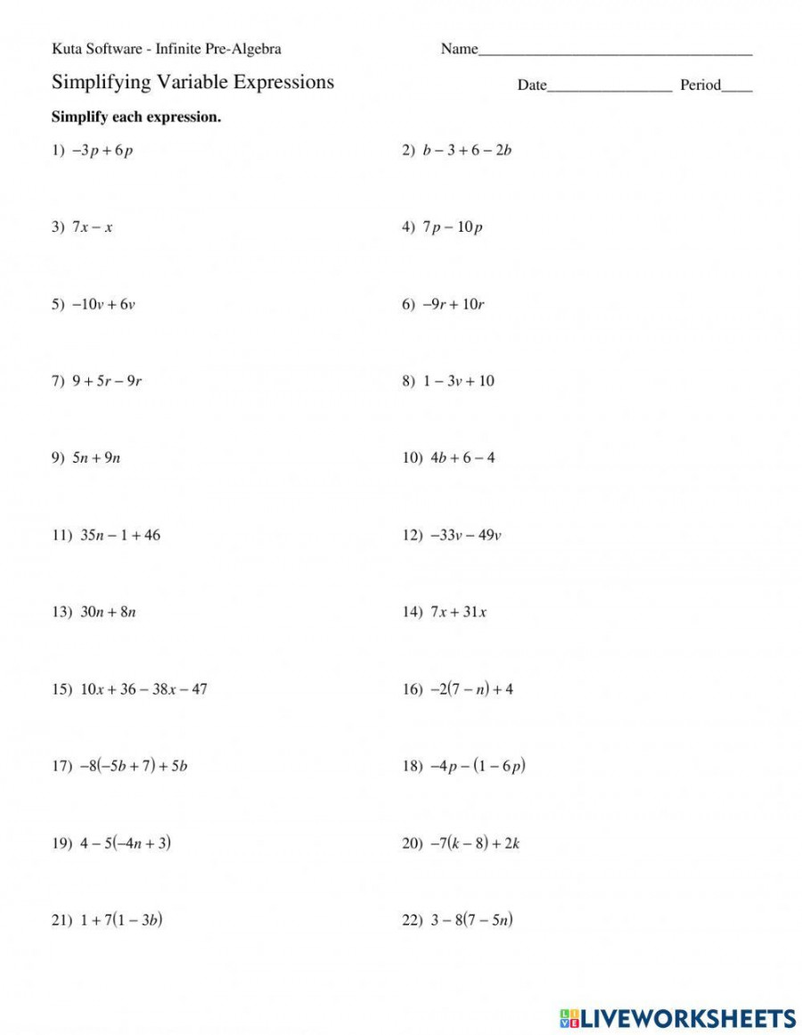 Simplify Algebraic Expression worksheet  Live Worksheets