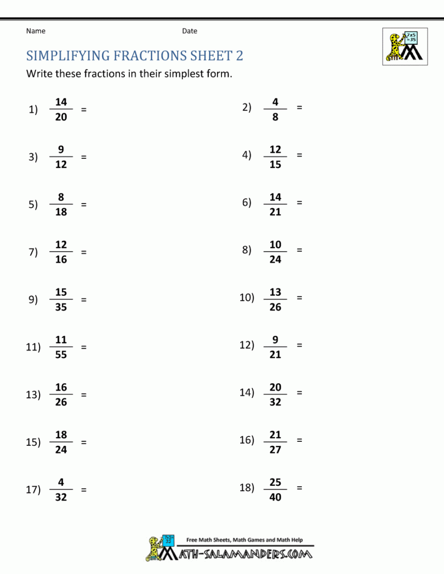 Simplifying Fractions Worksheet