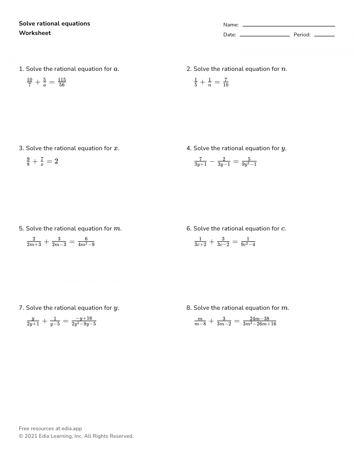 Solve Rational Equations - Worksheet