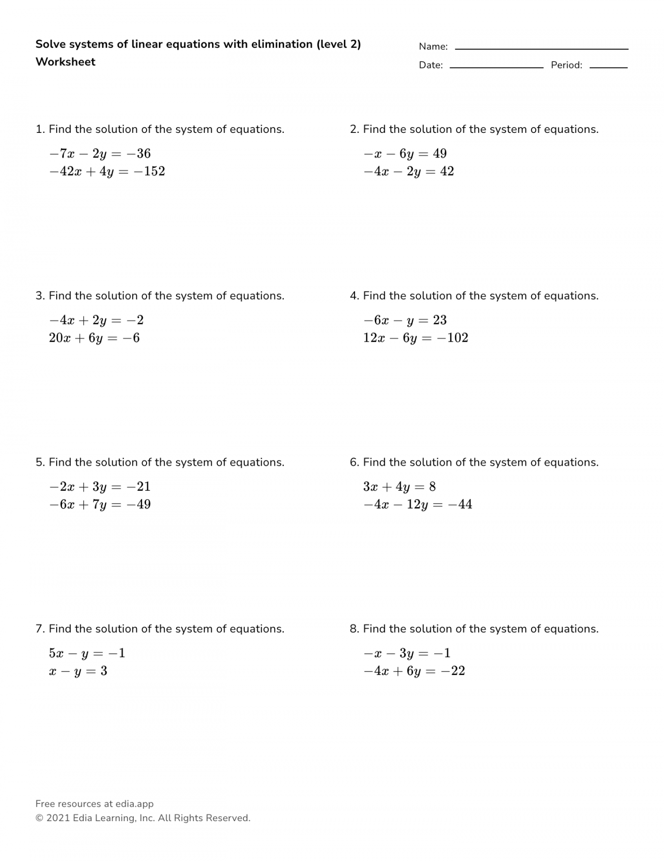 Solve Systems Of Linear Equations With Elimination (level