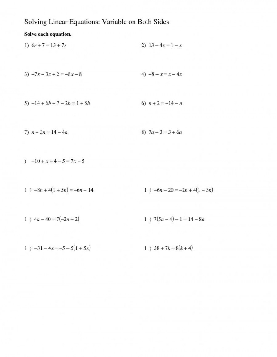 Solving linear equations with variables on both sides worksheet