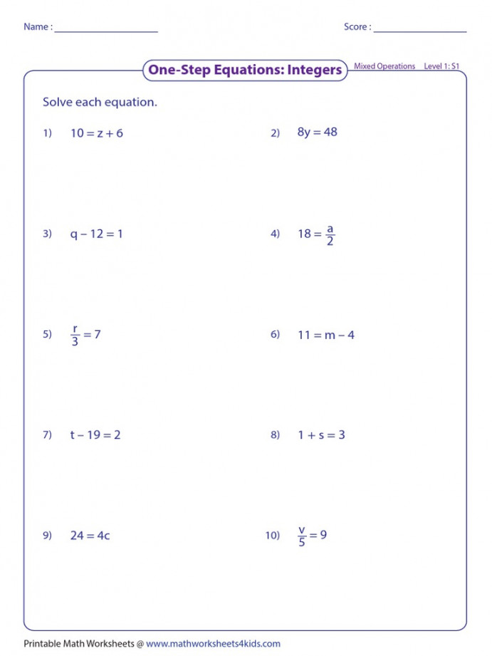 Solving One Step Equations Worksheet  PDF