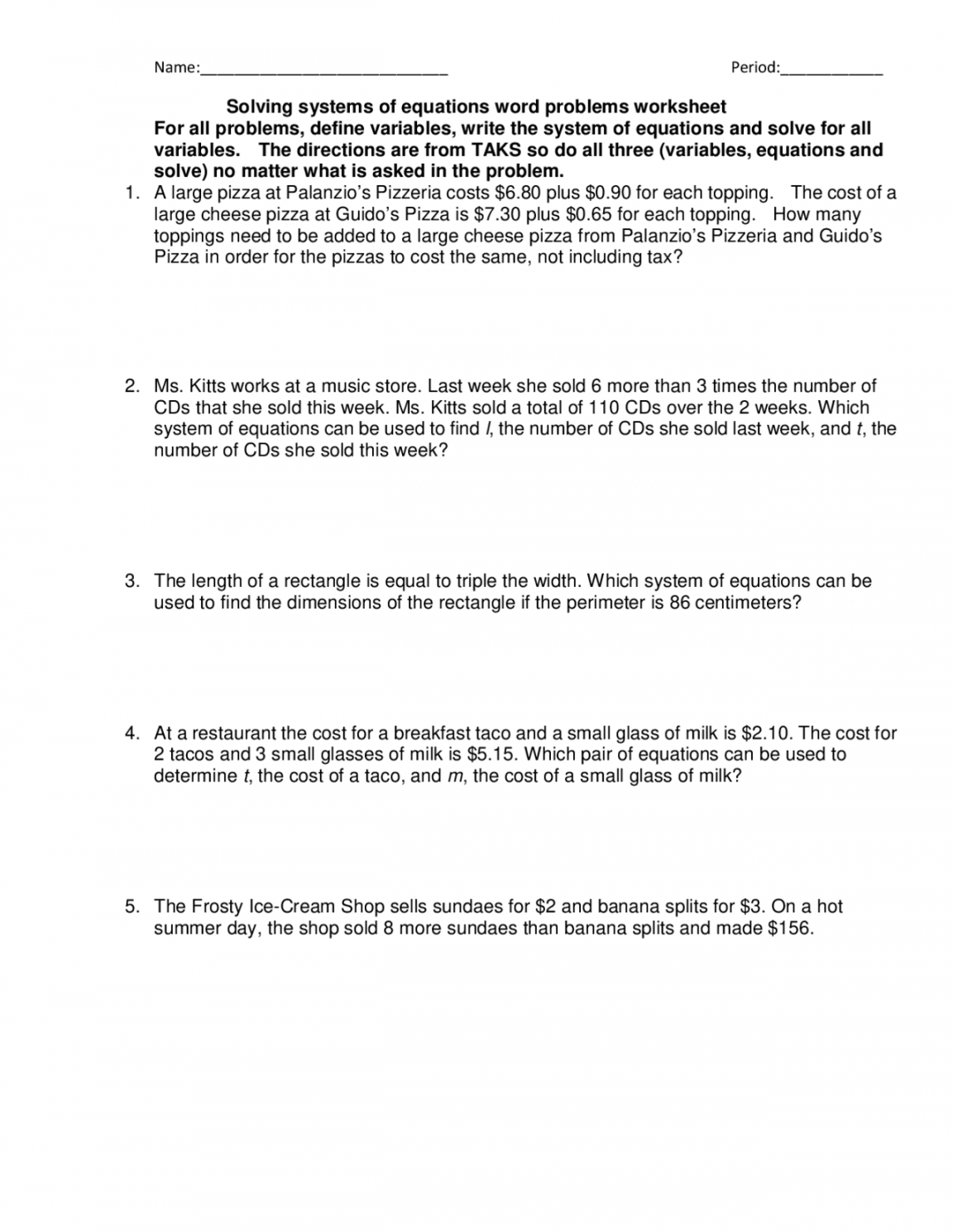 Solving systems of equations word problems worksheet  Schemes and