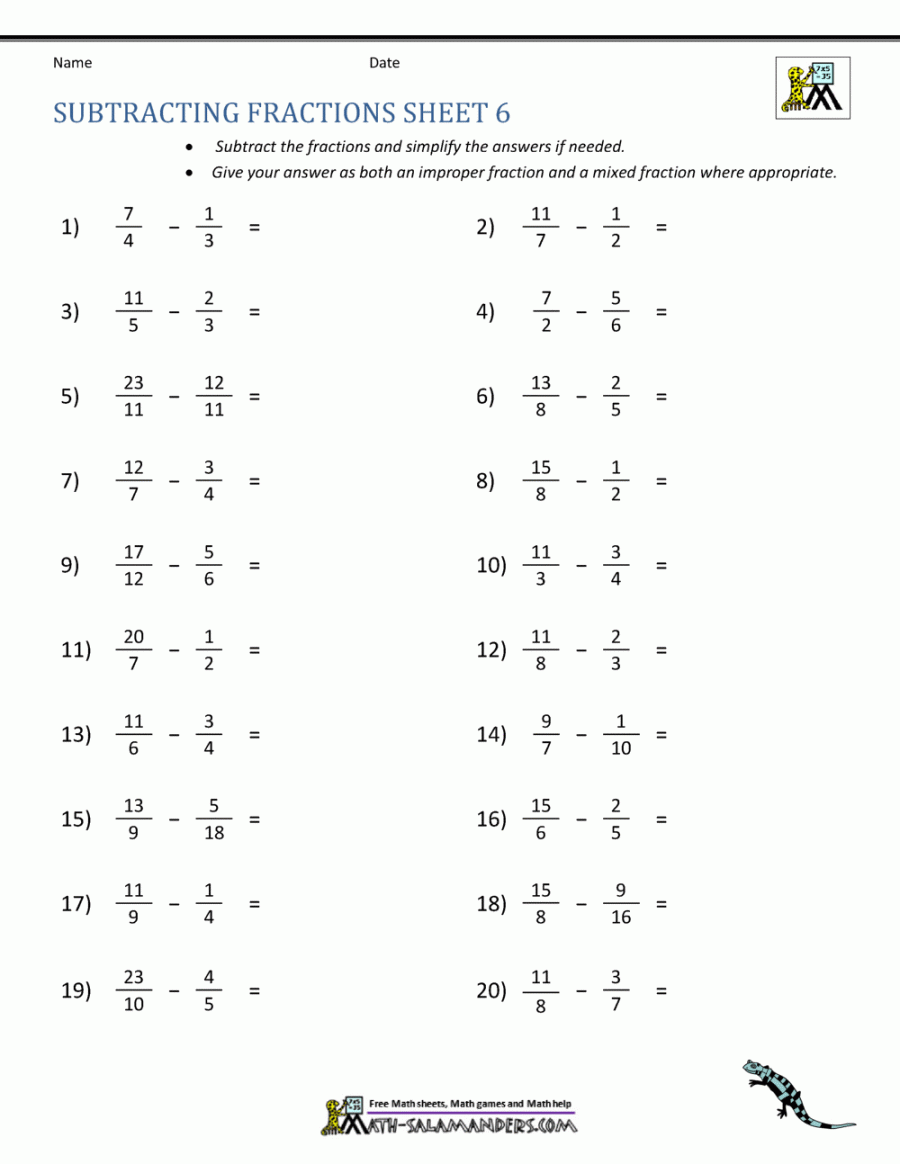 Subtracting Fractions Worksheets