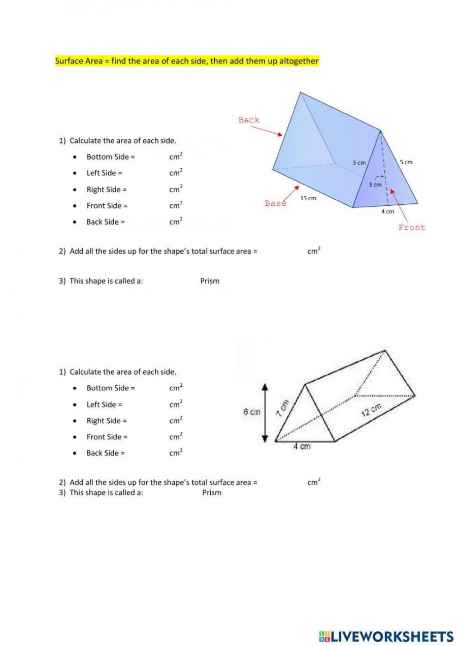 Surface Area of Triangular and Pentagonal Prism worksheet  Live