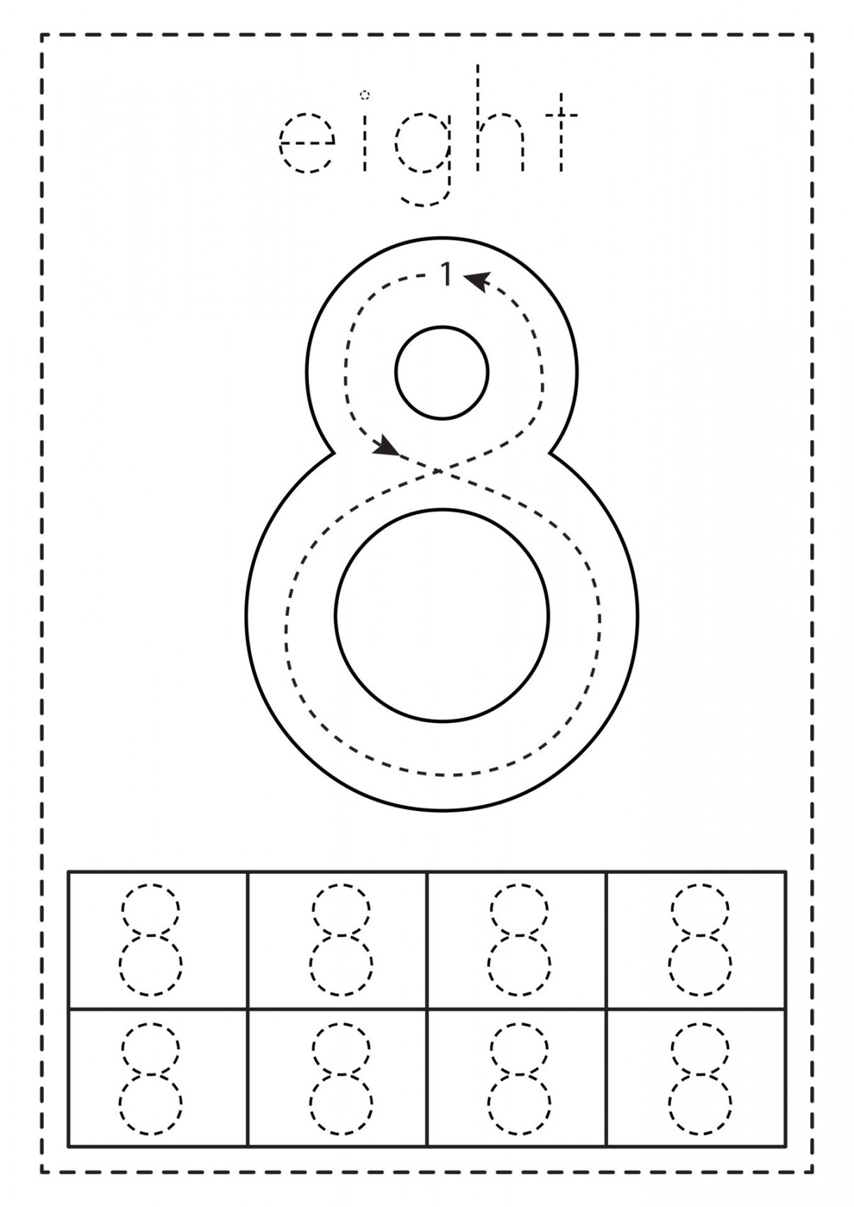 Tracing number eight. Preschool worksheet