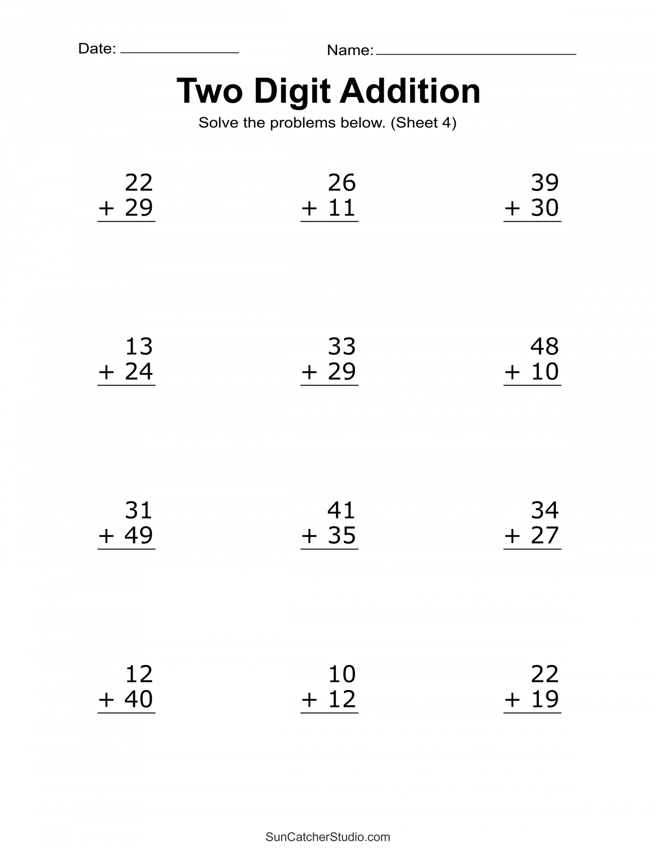 Two Digit Addition Worksheets (Printable -Digit Problems) – DIY