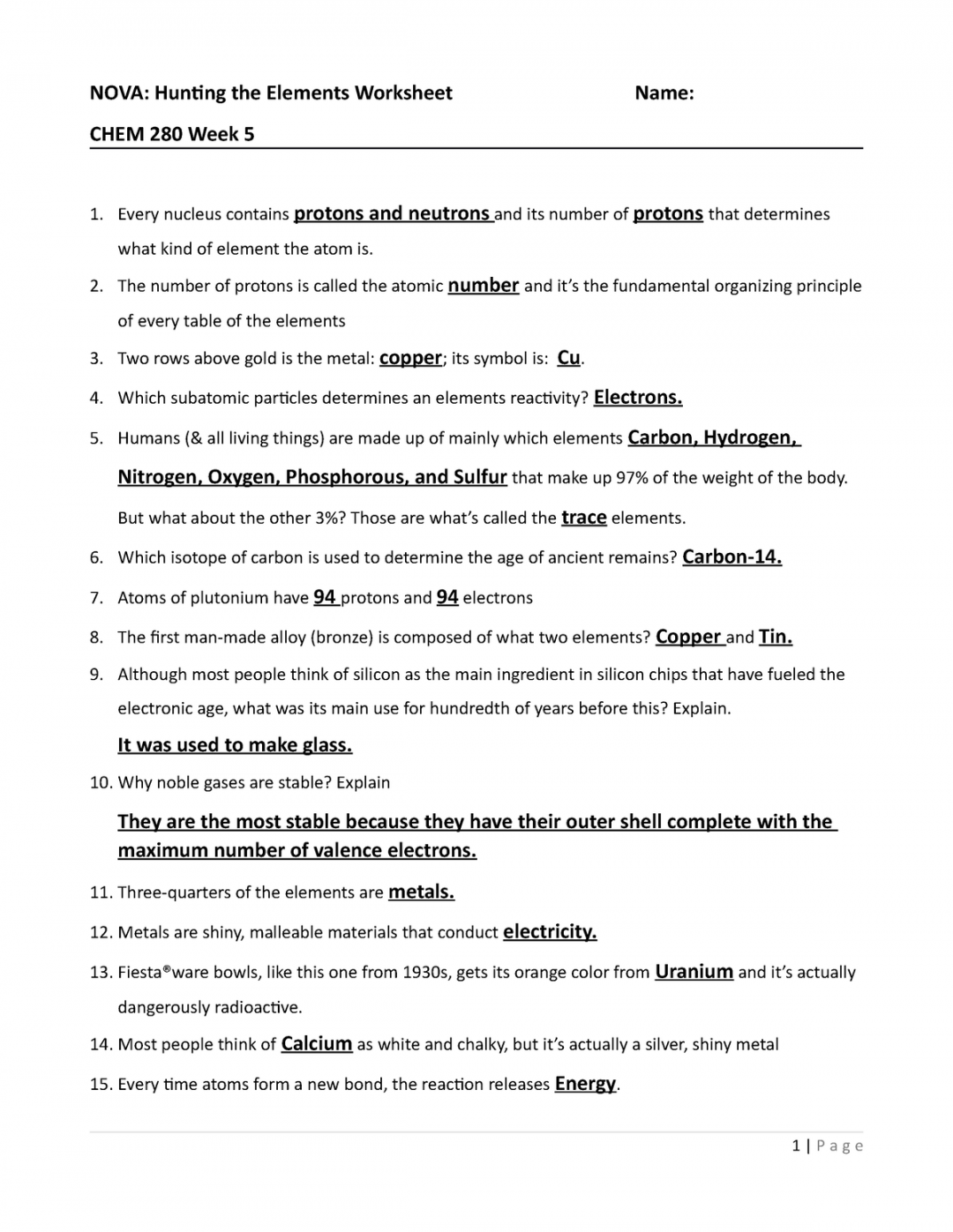 W Lab Assignment - NOVA: Hunting the Elements Worksheet Name