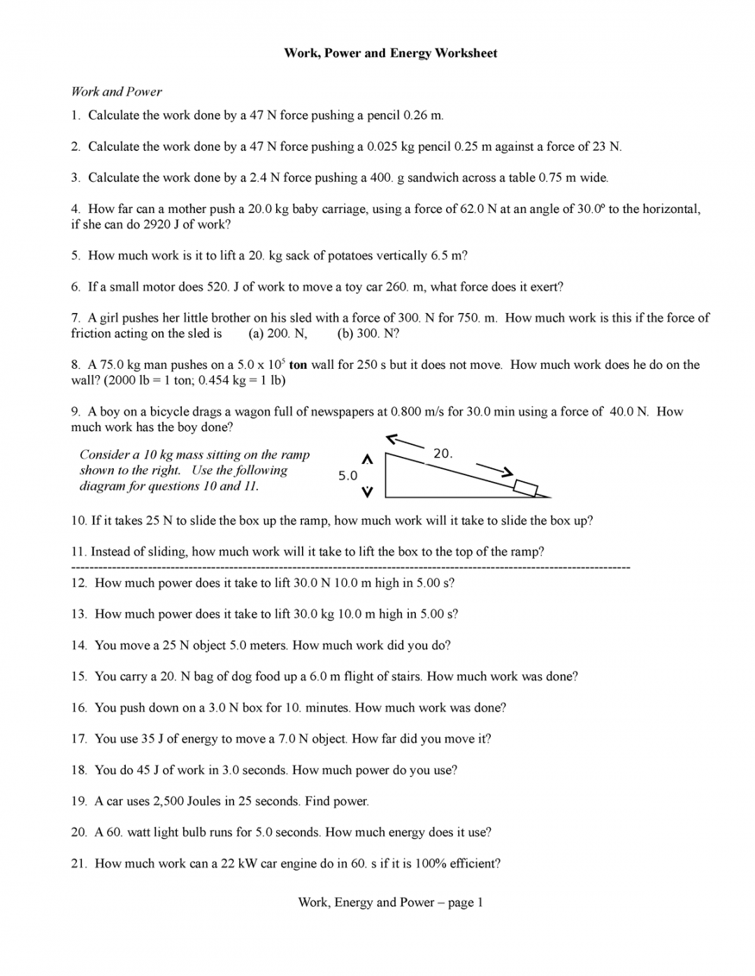 Work Power Energy Review WS with ans - Work, Power and Energy