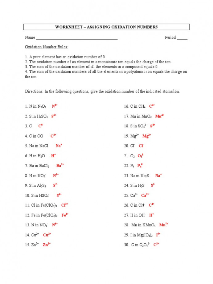 Worksheet - Assigning Oxidation Numbers - Key  PDF