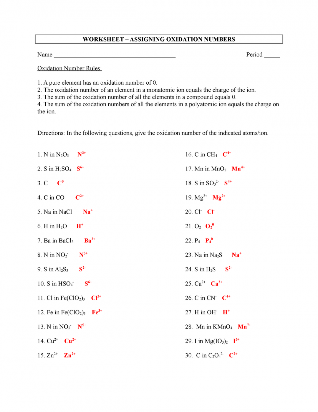 Worksheet - Assigning Oxidation Numbers - Key - WORKSHEET