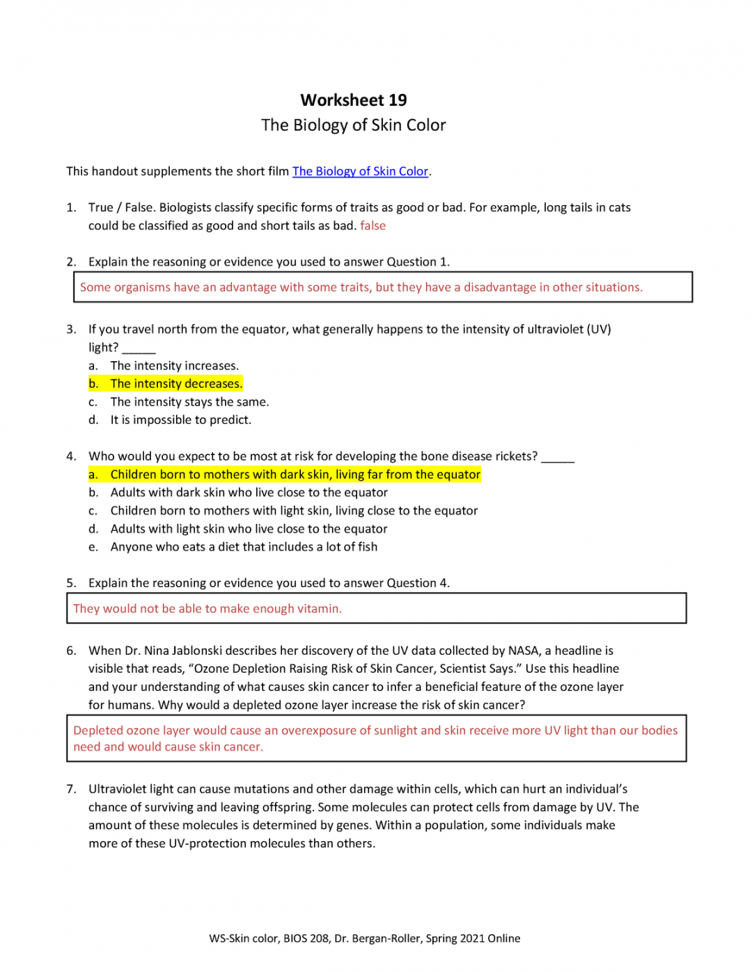 Worksheet  - The Biology of Skin Color - WS-Skin color, BIOS