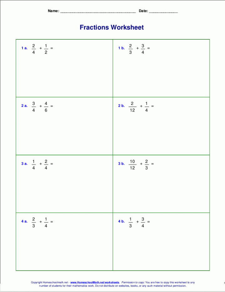 Worksheets for fraction addition