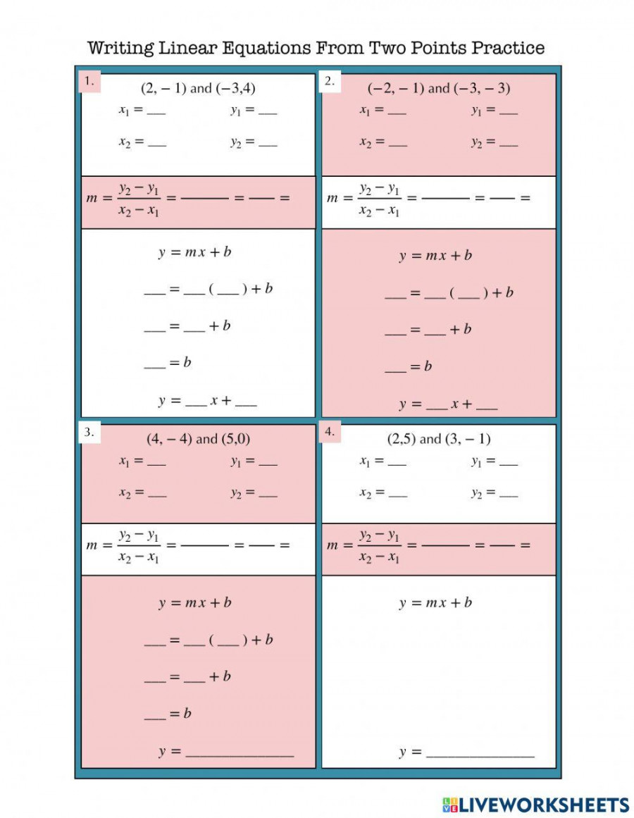 Writing Linear Equations From Two Points Practice worksheet  Live