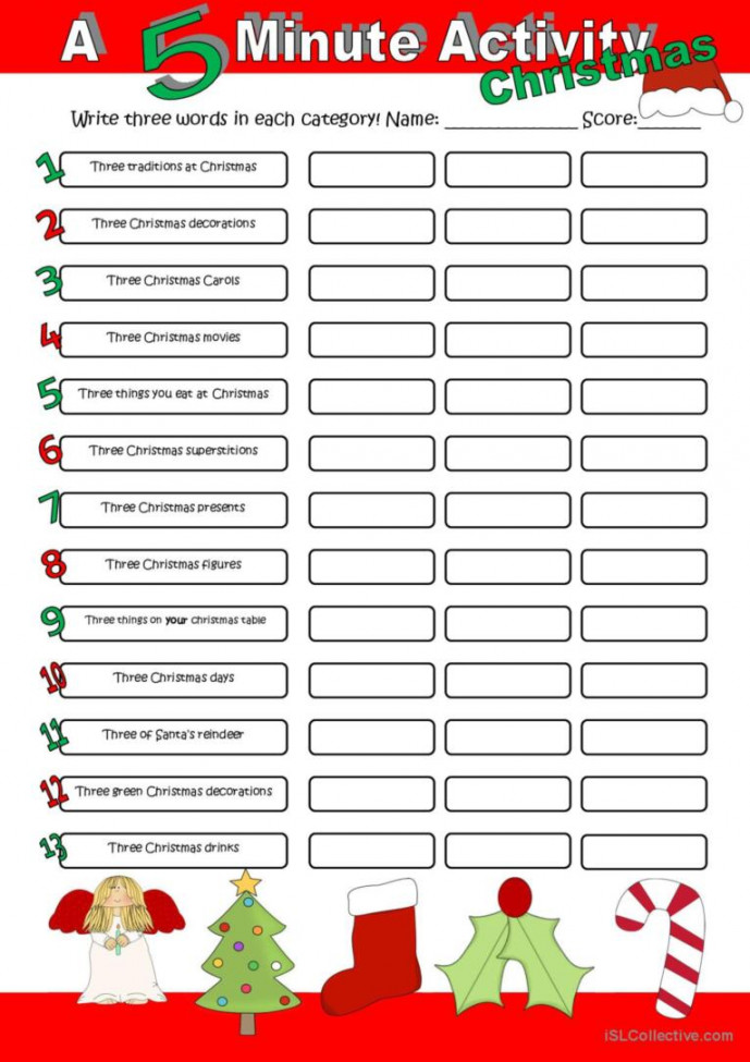 A  Minute Activity Christmas warmer: English ESL worksheets pdf