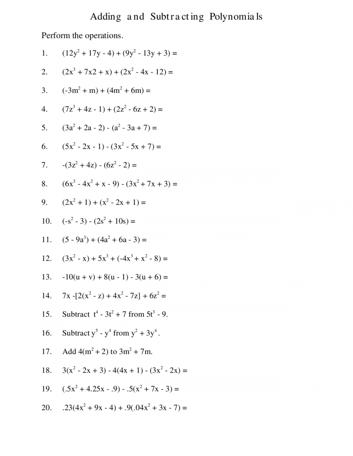 Adding and Subtracting Polynomials  Study notes Algebra  Docsity