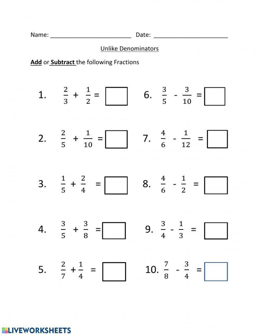 Adding and Subtracting Unlike Denominators worksheet  Live Worksheets