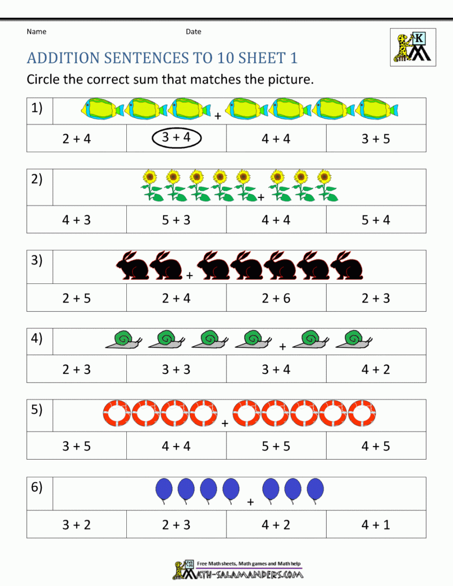 Addition Worksheets for Kindergarten