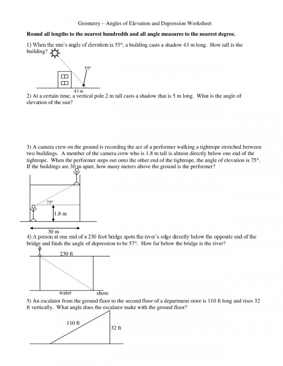 Angles of Elevation and Depression Worksheet  Study notes