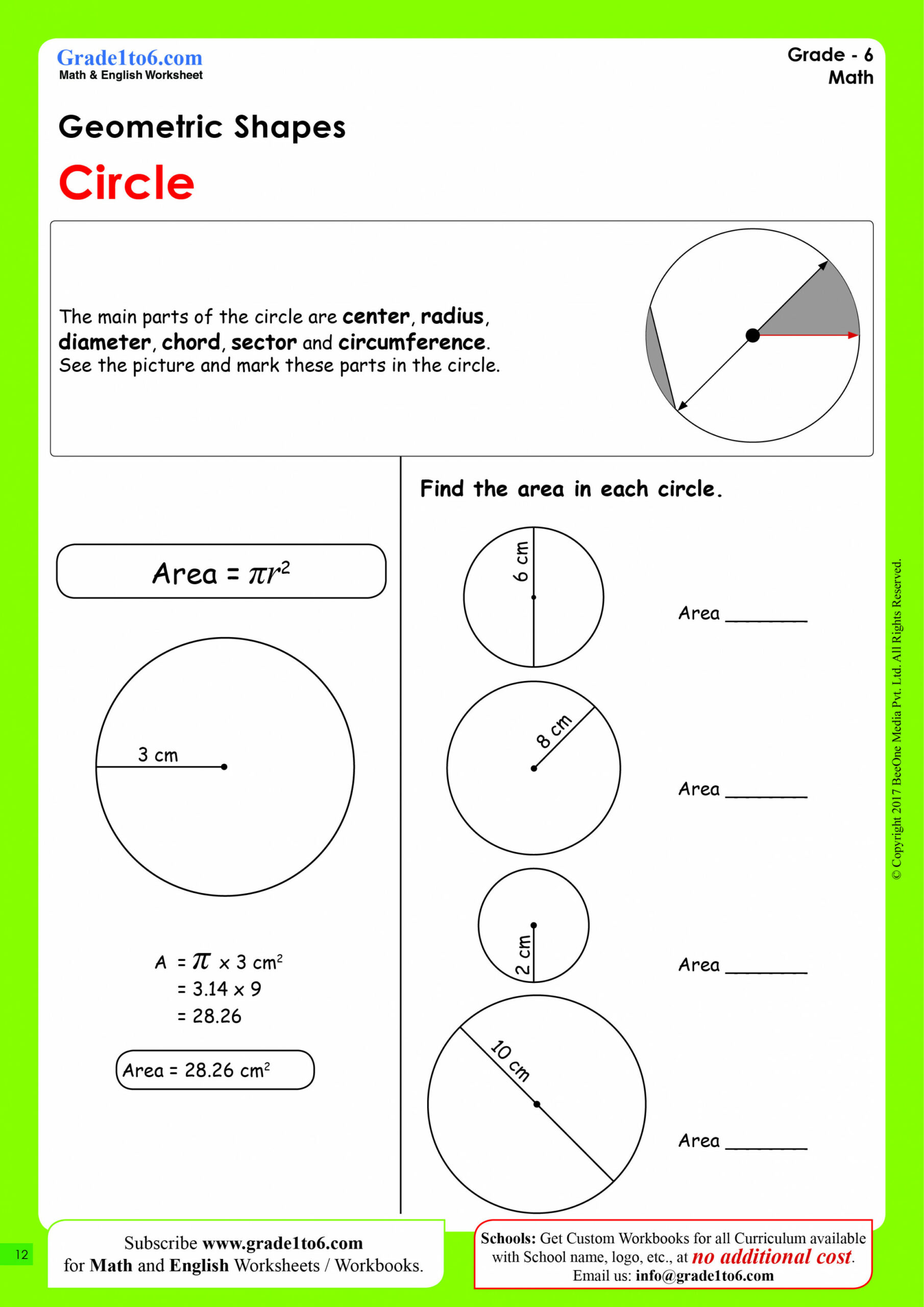 Area of a Circle Worksheet  Gradeto