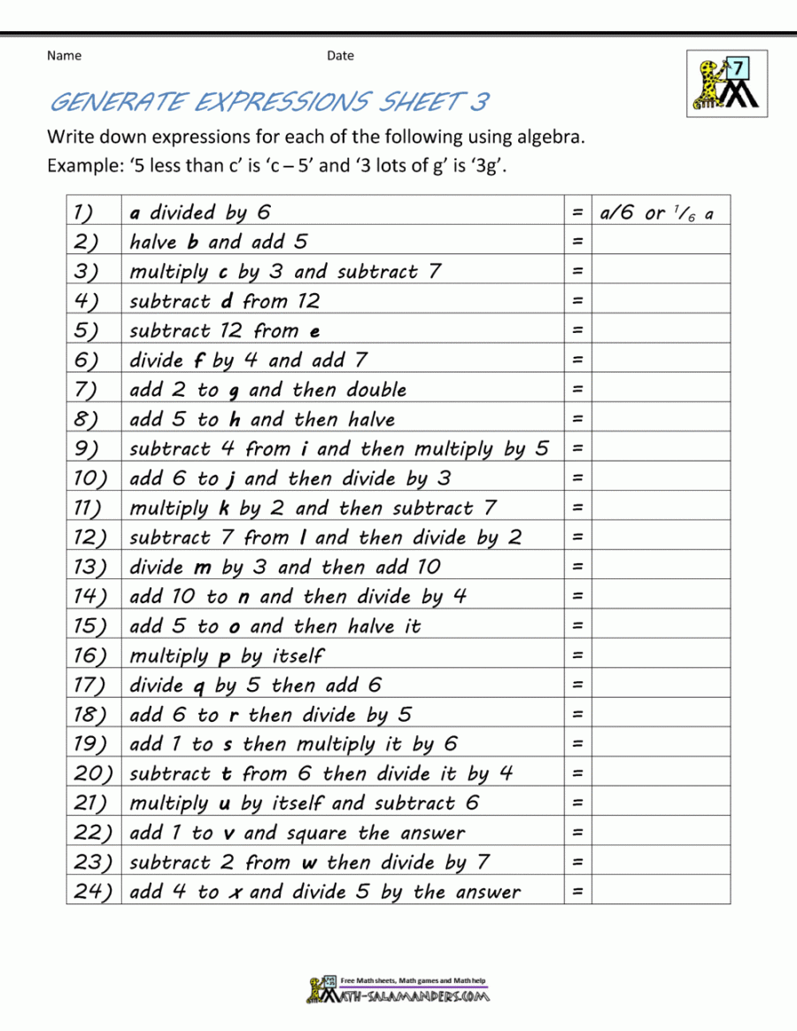 Basic Algebra Worksheets