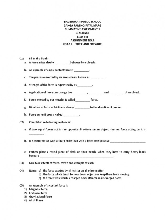 CBSE Class  Science Worksheet  PDF  Force  Pressure