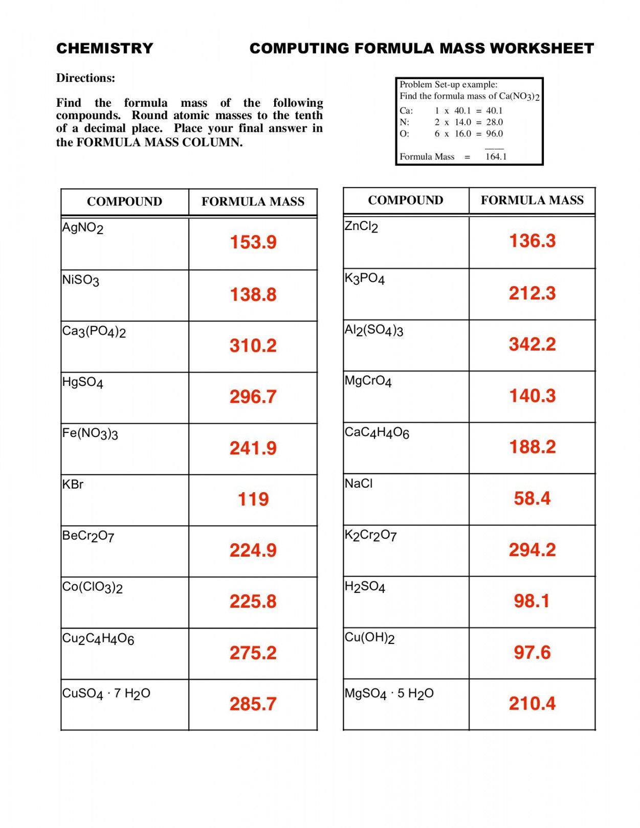 CHEMISTRY COMPUTING FORMULA MASS WORKSHEET