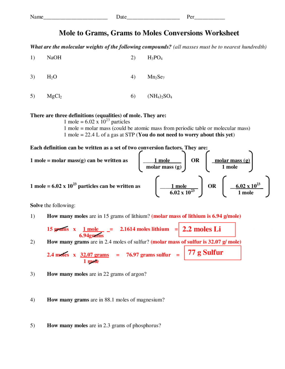 Chemistry: Mole Conversion Practice By Teach Simple