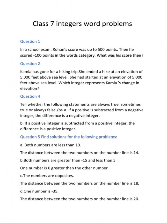 Class  Integers Word Problems  PDF