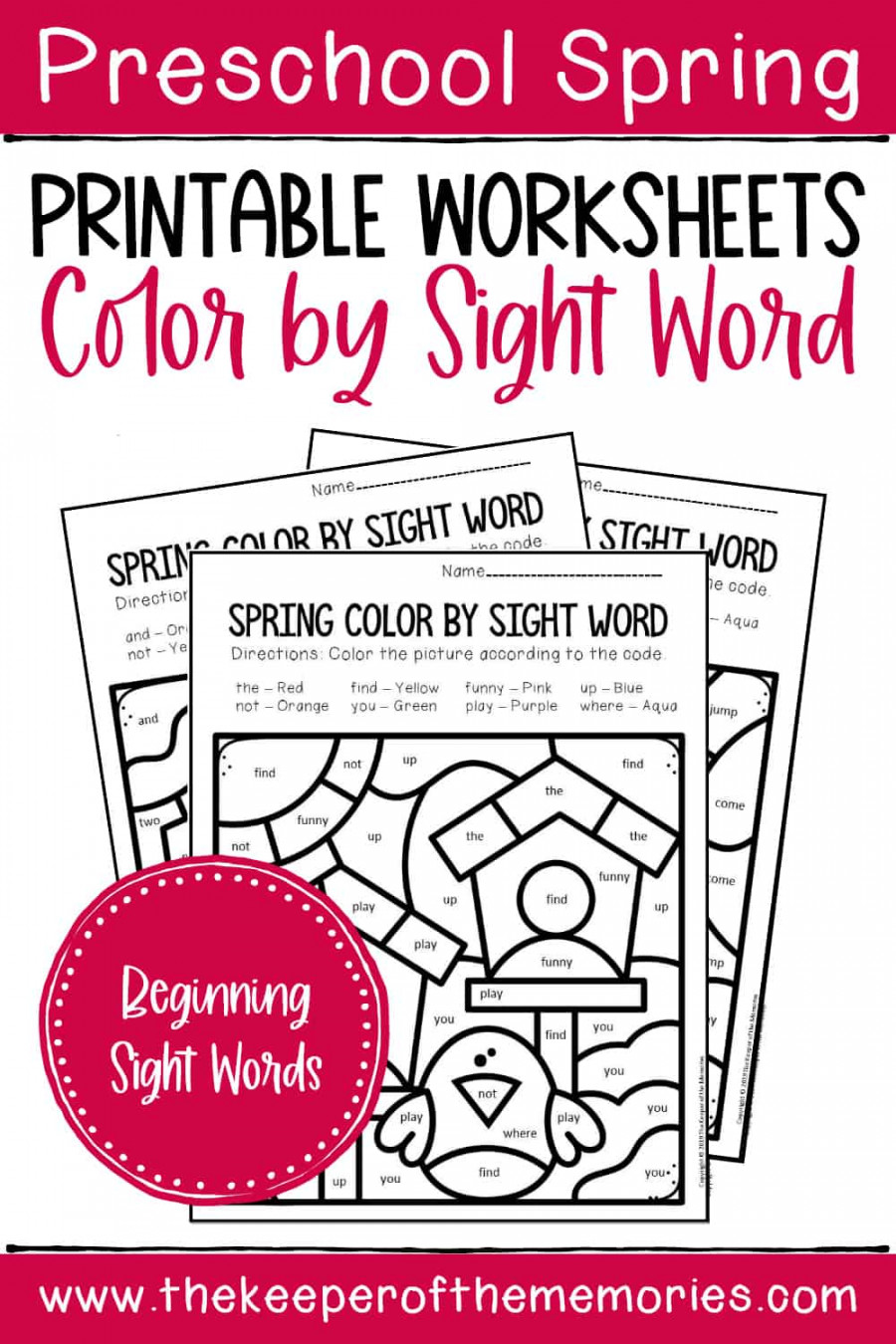 Color by Sight Word Spring Preschool Worksheets - The Keeper of